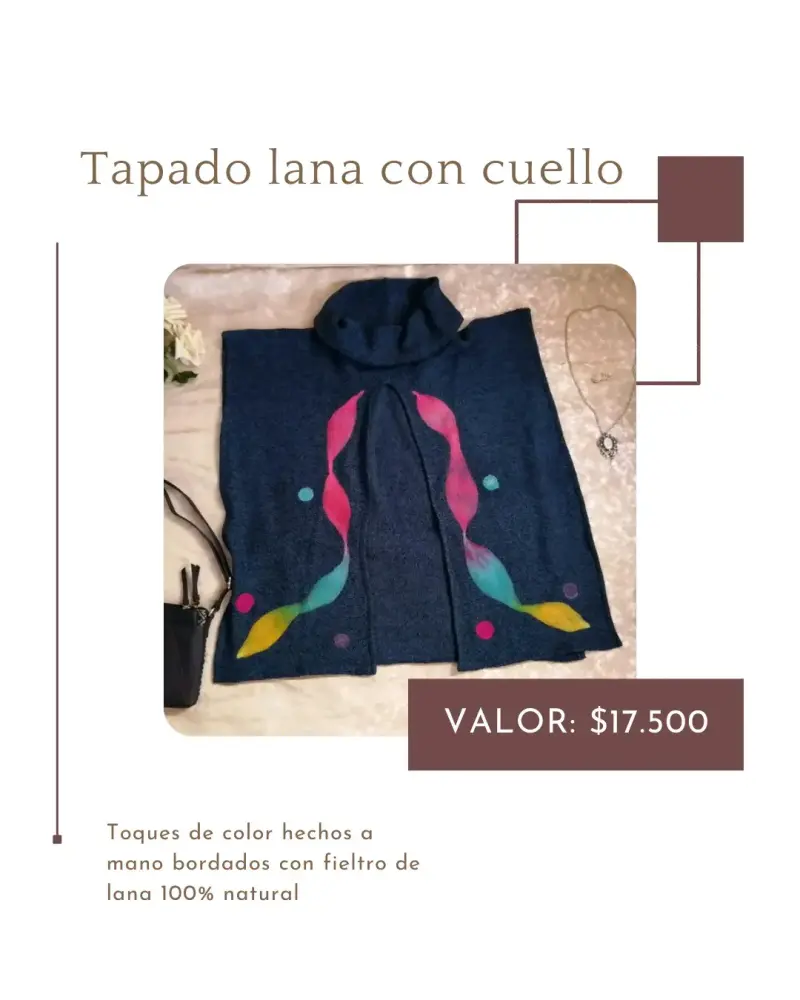 Tapado de lana con cuello y bordados coloridos