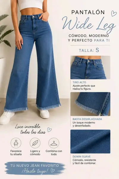 Pantalón Wide Leg de Denim Azul Talla S - miniatura 1