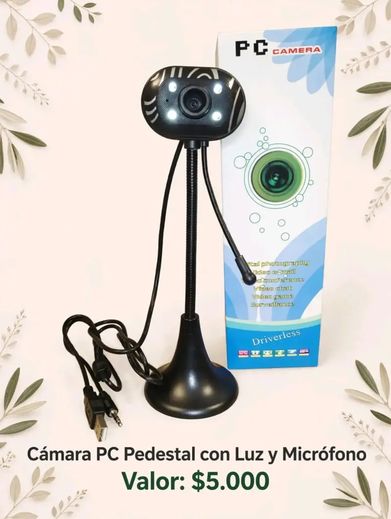 Cámara para PC con pedestal, luz y micrófono