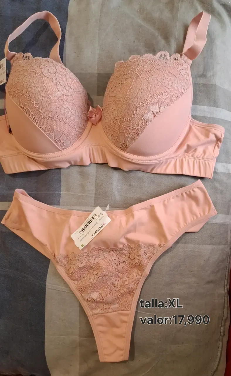 Conjunto de lencería rosa con encaje talla XL - 1