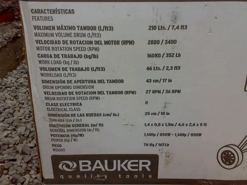 Mezcladora de Concreto Bauker 210L 850W - 1