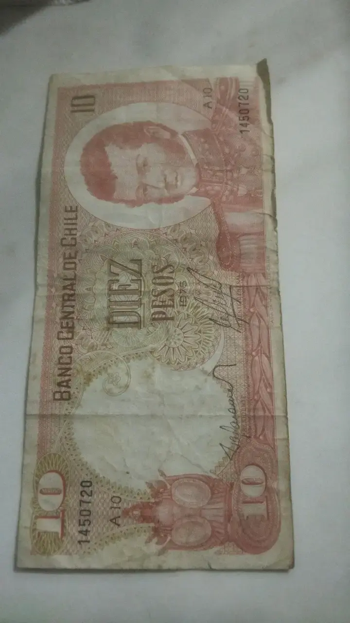 Billete antiguo de 10 pesos chilenos 1975 - 1