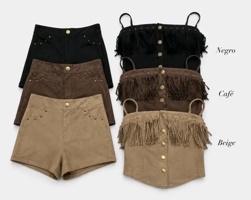 Conjunto de gamuza corto con flecos beige,negro - 5