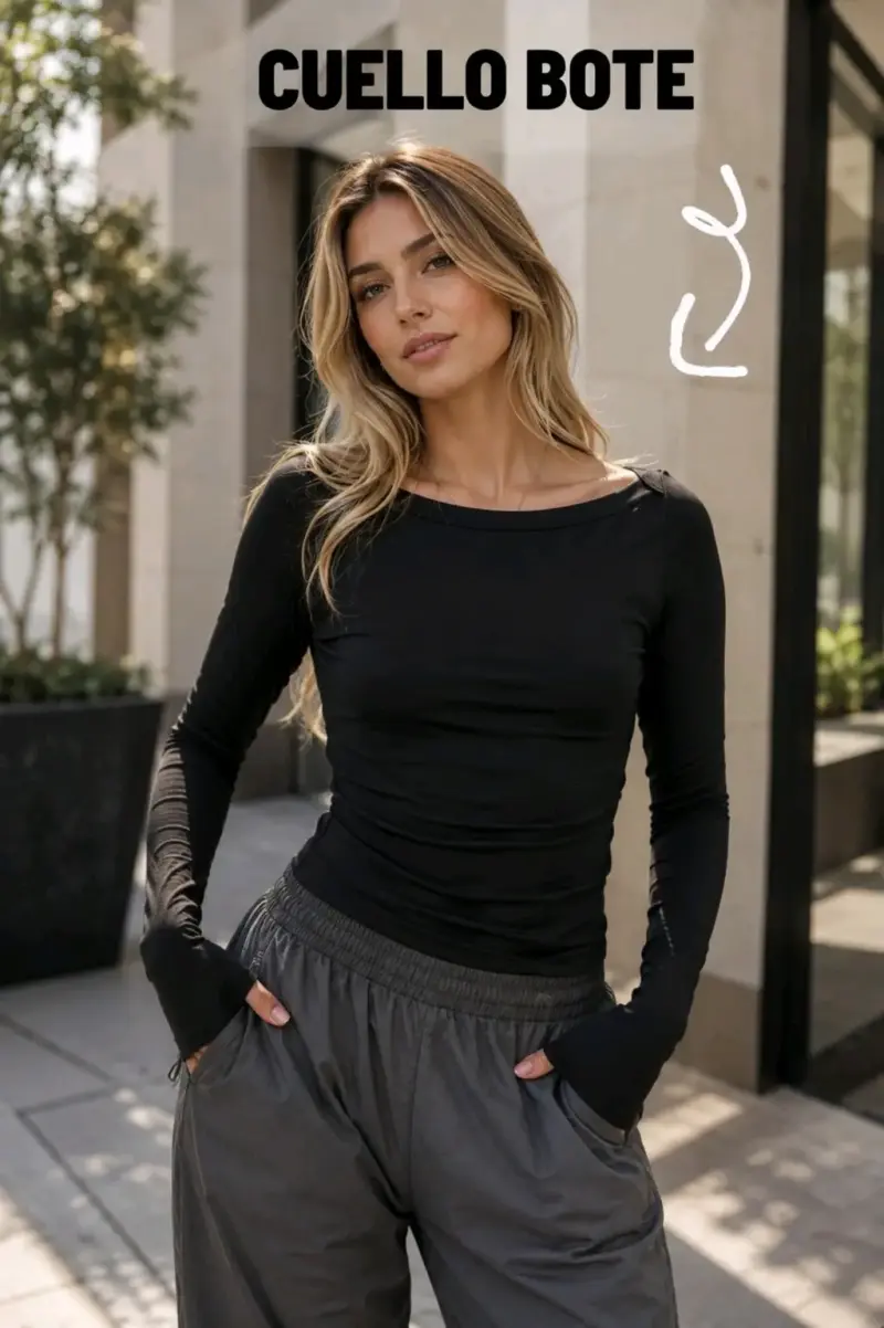 Polera Negra Cuello Bote Mujer - 1