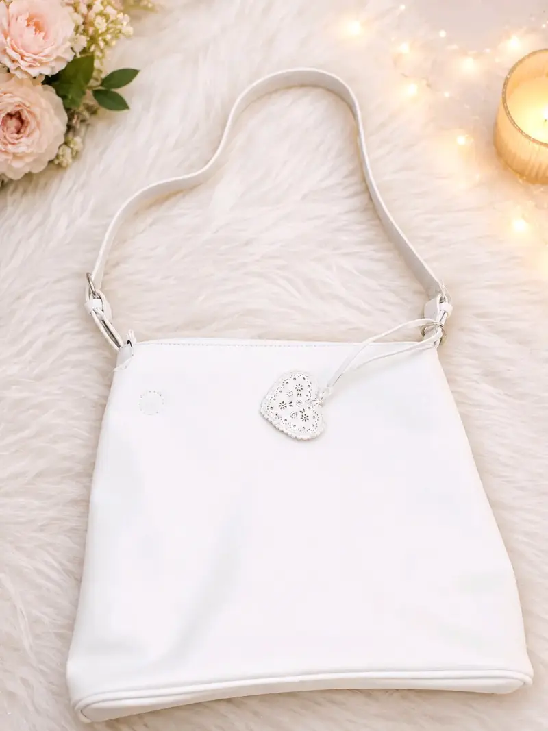 Bolso blanco de cuero sintético con adorno de corazón
