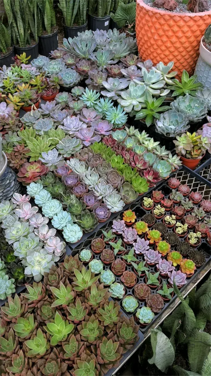 Variedad de suculentas en macetas pequeñas