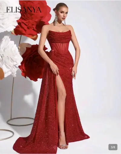 Vestido de fiesta rojo con lentejuelas y abertura - miniatura 4