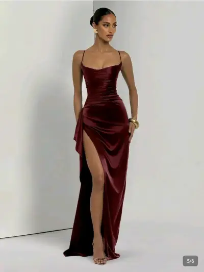 Vestido largo de fiesta burdeos con abertura - miniatura 3