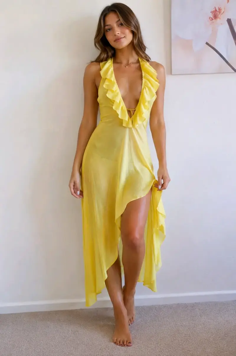 Vestido largo amarillo con volantes - 1