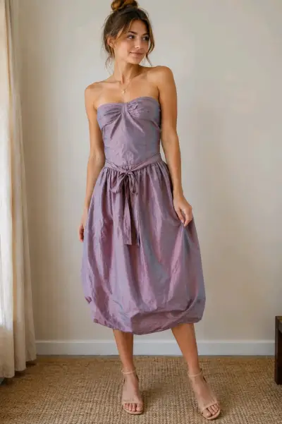 Vestido strapless lila con lazo elegante - miniatura 1