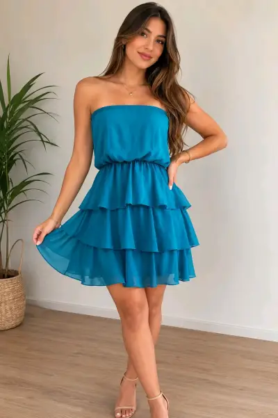 Vestido corto azul sin tirantes con volantes - miniatura 1