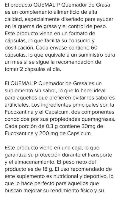 Suplemento Quemalip Quemador de Grasa 60 Cápsulas - miniatura 3