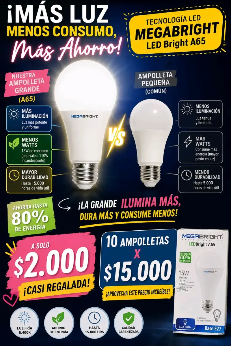 Ampolleta LED Megabright A65 15W Luz Fría