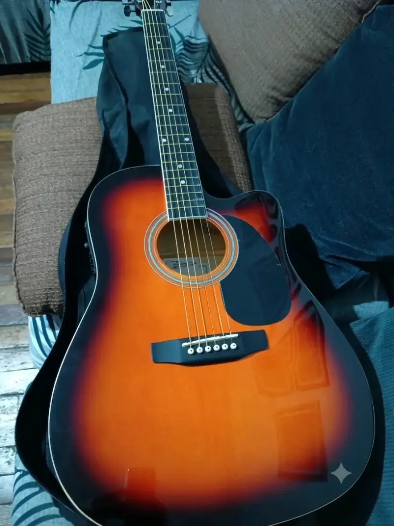 Guitarra acústica sunburst con funda