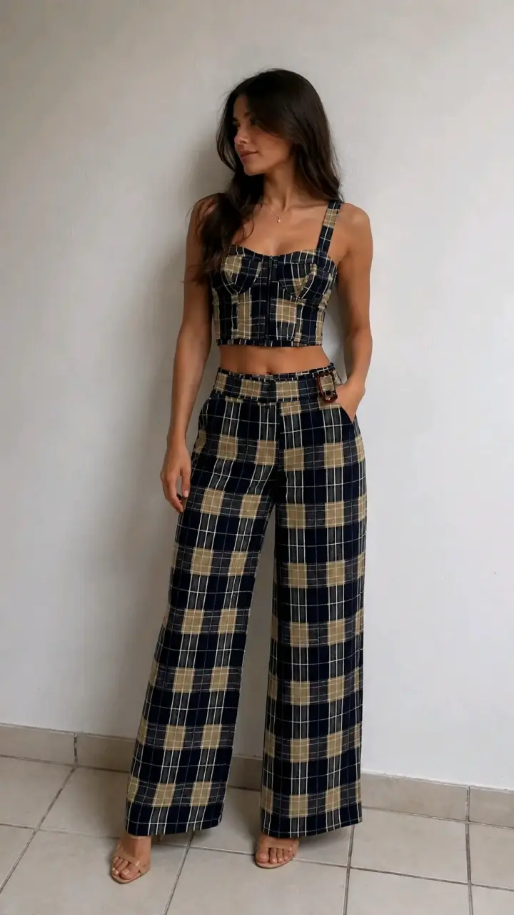 Conjunto de dos piezas a cuadros para mujer