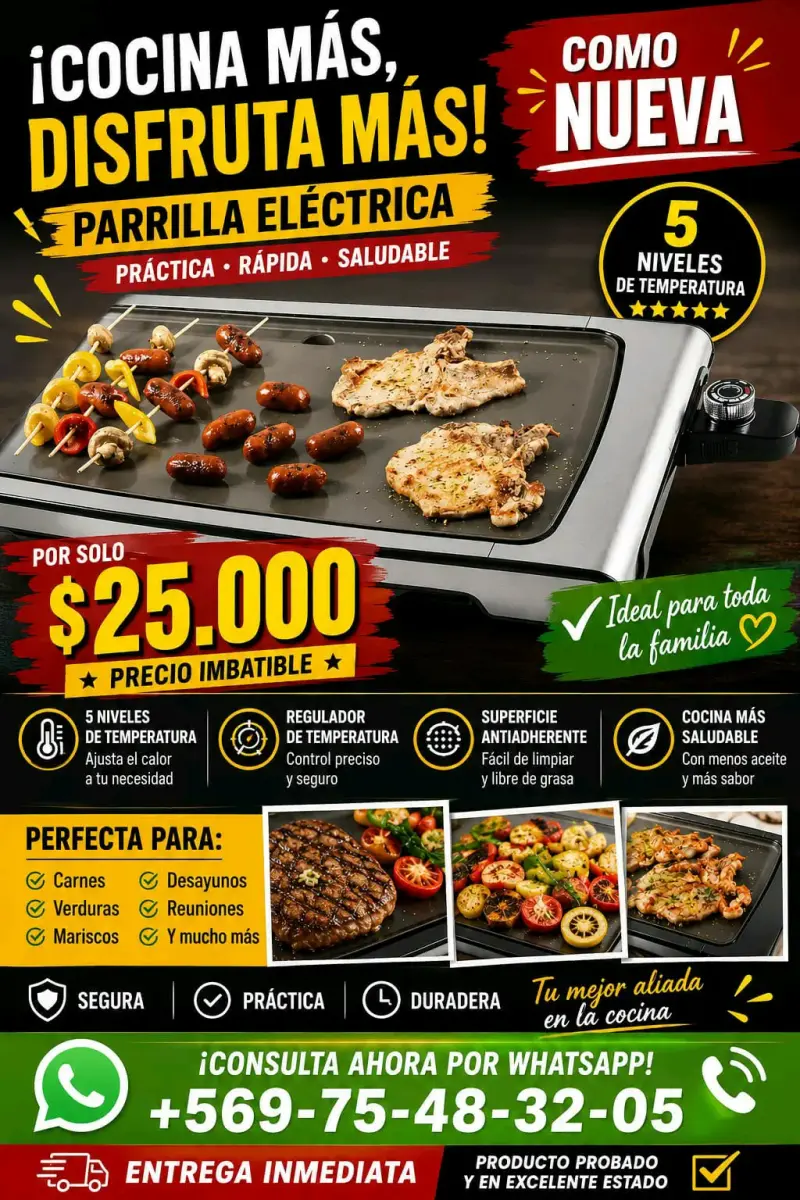 Parrilla Eléctrica Antiadherente con 5 Niveles de Temperatura