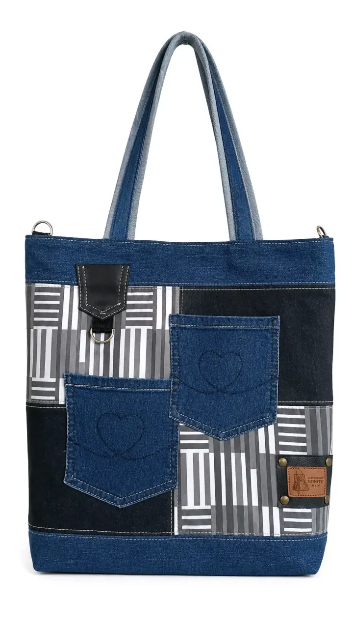 Bolso Jean azul con tela estampadada - 1