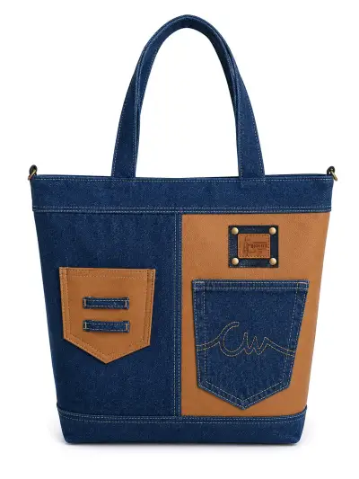 Bolso único tote de mezclilla y cuero sintético - miniatura 1