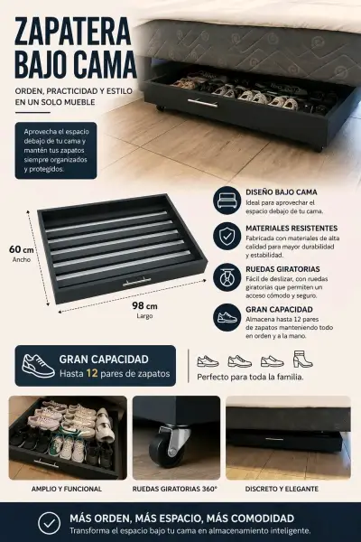 Zapatera bajo cama con ruedas giratorias - miniatura 1