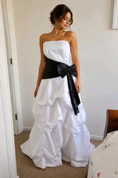 Vestido de fiesta blanco con lazo negro - miniatura 1