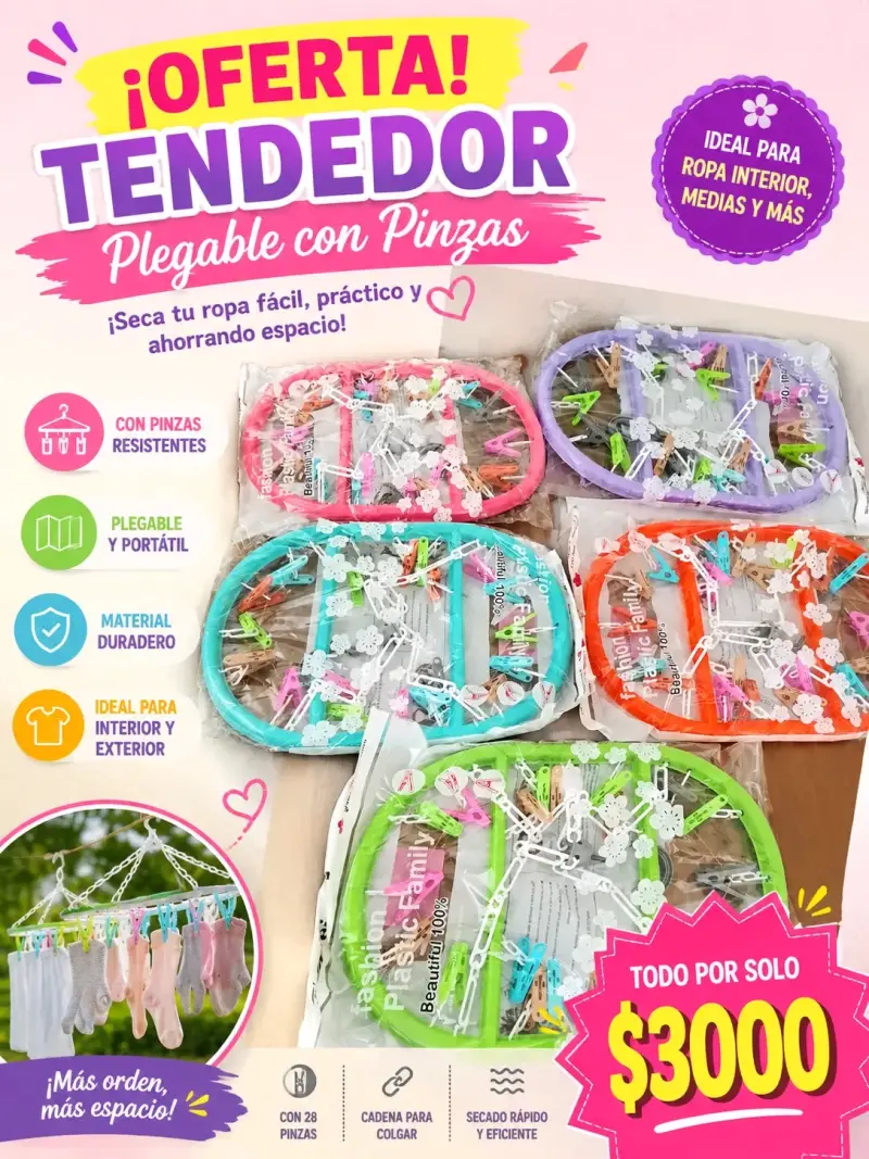 Tendedero plegable con pinzas resistente