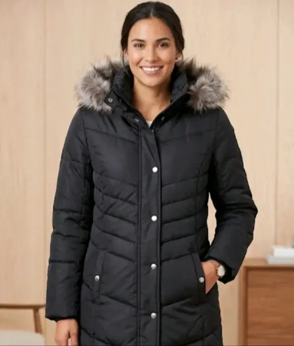 Abrigo de invierno negro con capucha de piel sintética - 2