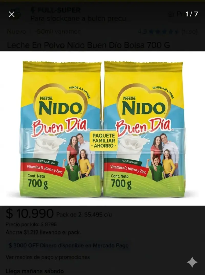 Leche en Polvo Nido Buen Día 700g Pack de 2