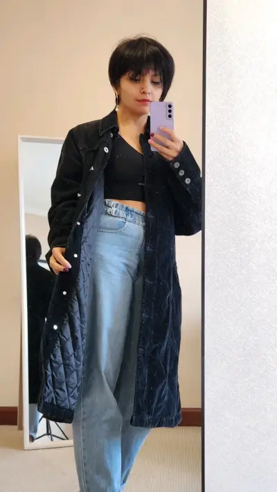 Abrigo largo de cotelé negro para mujer - miniatura 1