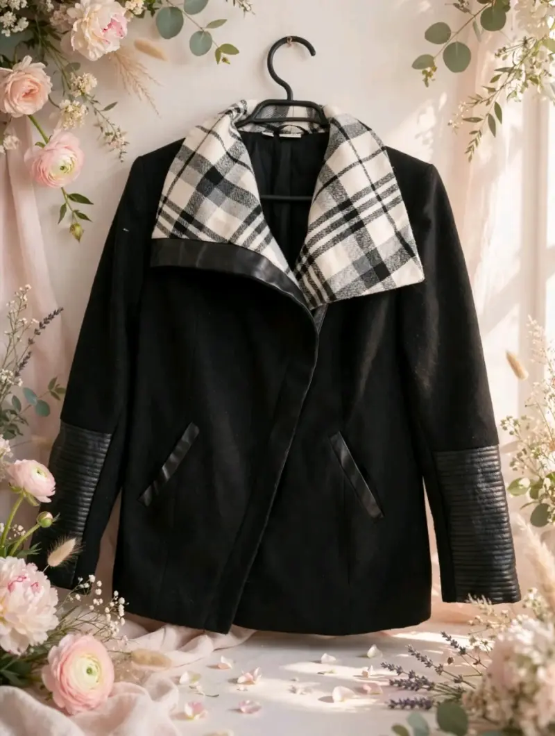 Chaqueta de lana negra con cuello a cuadros