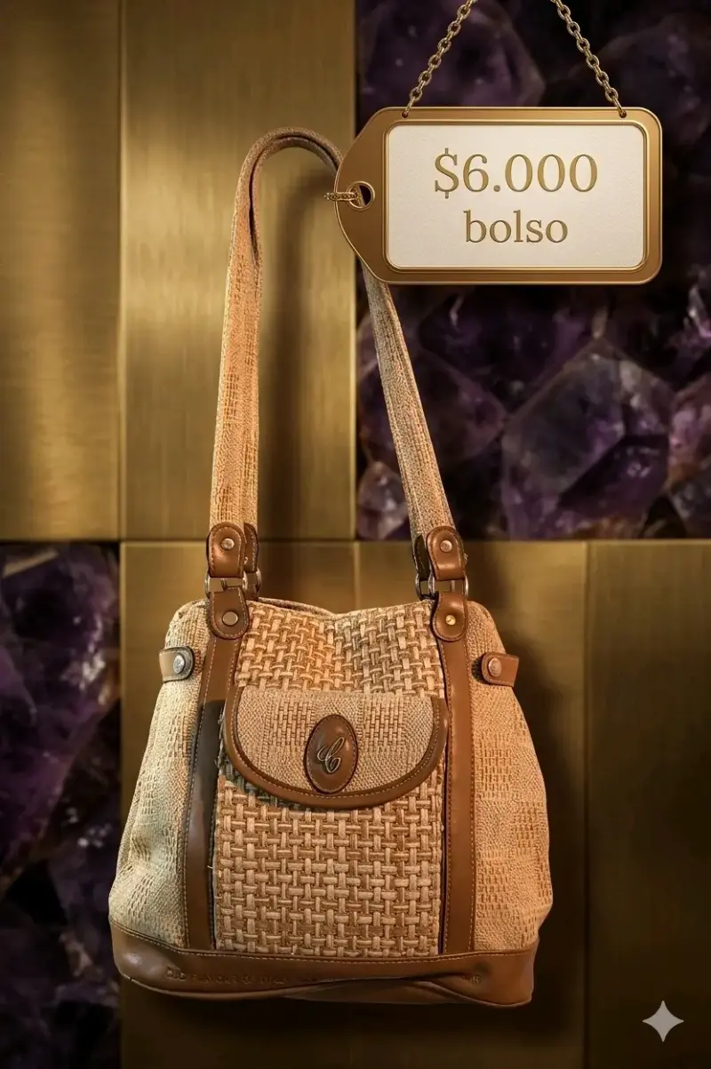 Bolso de mano tejido beige con detalles de cuero