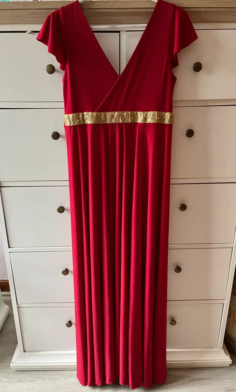 Vestido largo rojo con detalle dorado - 1