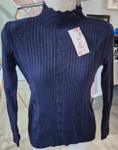Suéter de punto azul marino con cuello alto - miniatura 1