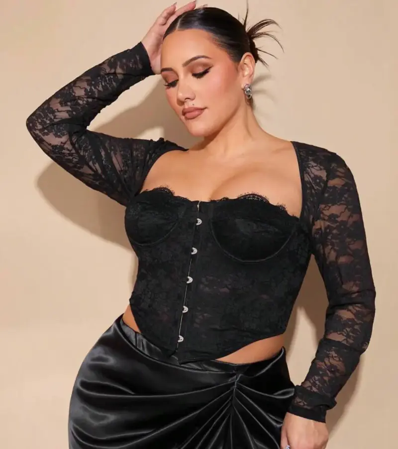 Top corset negro de encaje con mangas largas - 1