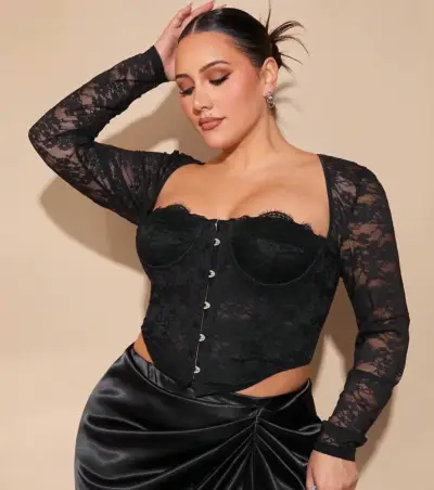 Top corset negro de encaje con mangas largas - miniatura 1