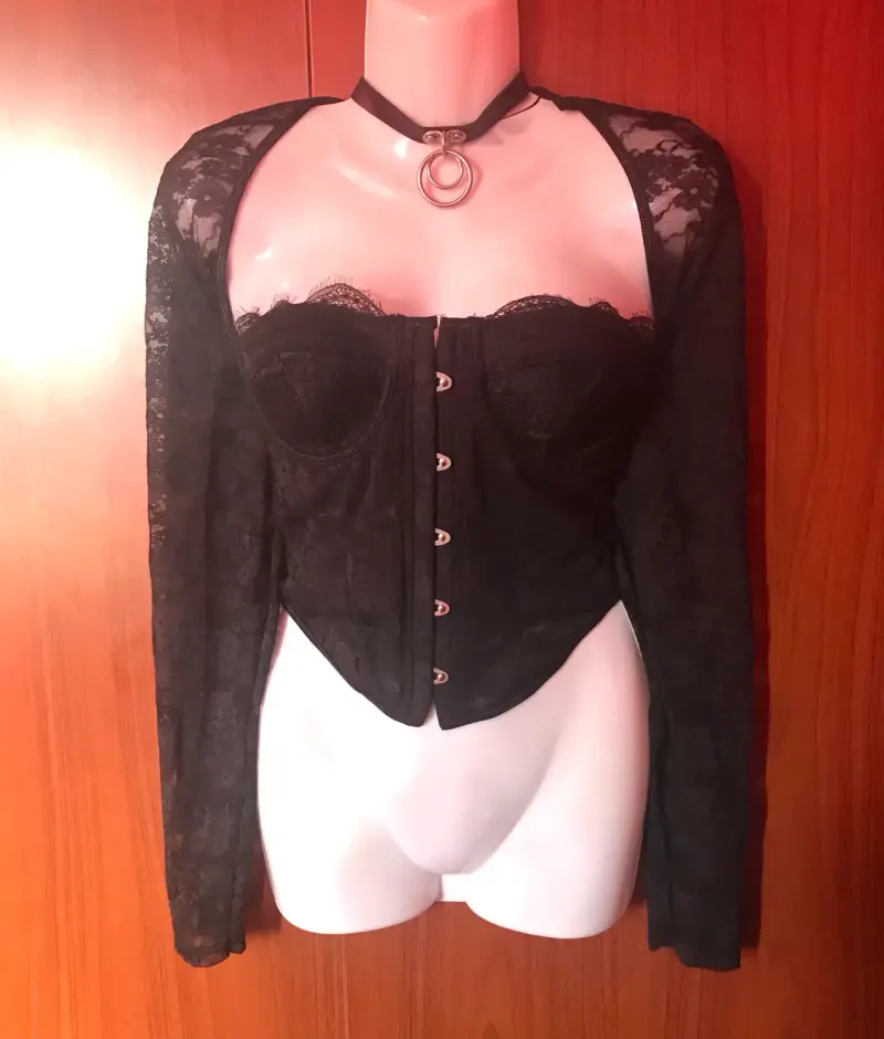 Top corset negro de encaje con mangas largas - 3
