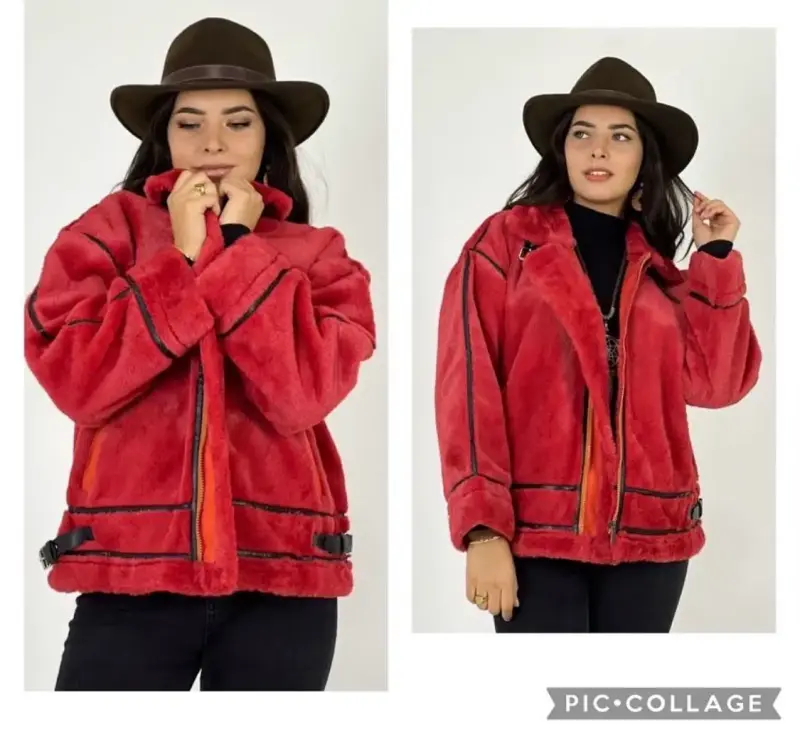 Chaqueta de felpa roja con detalles negros