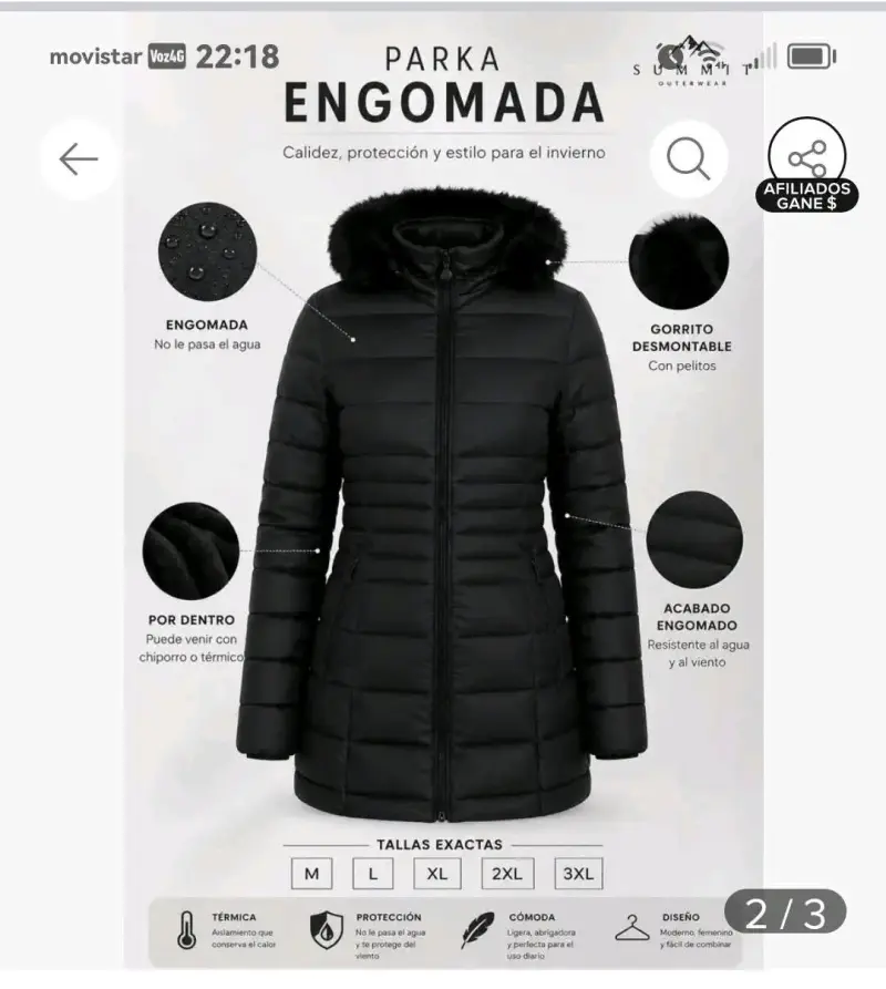 Parka negra con capucha de piel sintét - 2