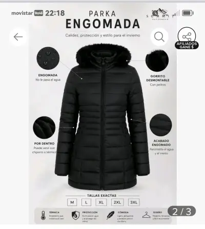 Parka negra con capucha de piel sintét - miniatura 2