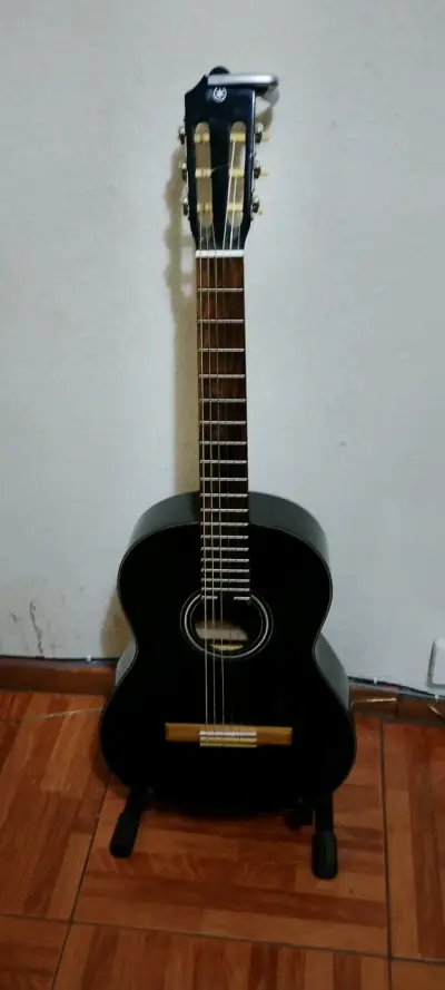 Guitarra acústica negra con funda y soporte - miniatura 1