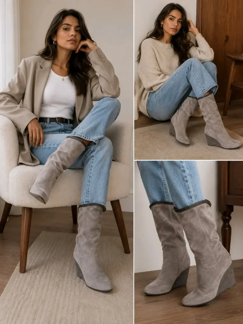 Botas de gamuza grises con tacón de cuña - 1