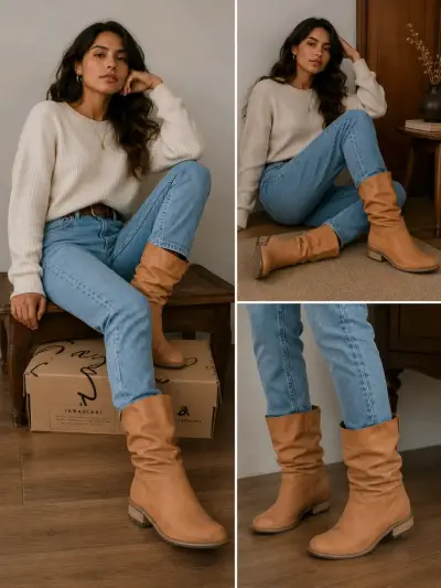 Botas de cuero camel para mujer - miniatura 1