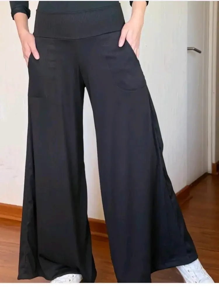 Pantalones anchos negros de mujer con bolsillos