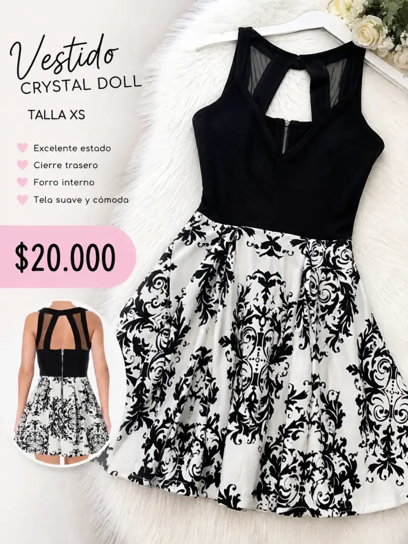 Vestido Crystal Doll blanco y negro talla XS