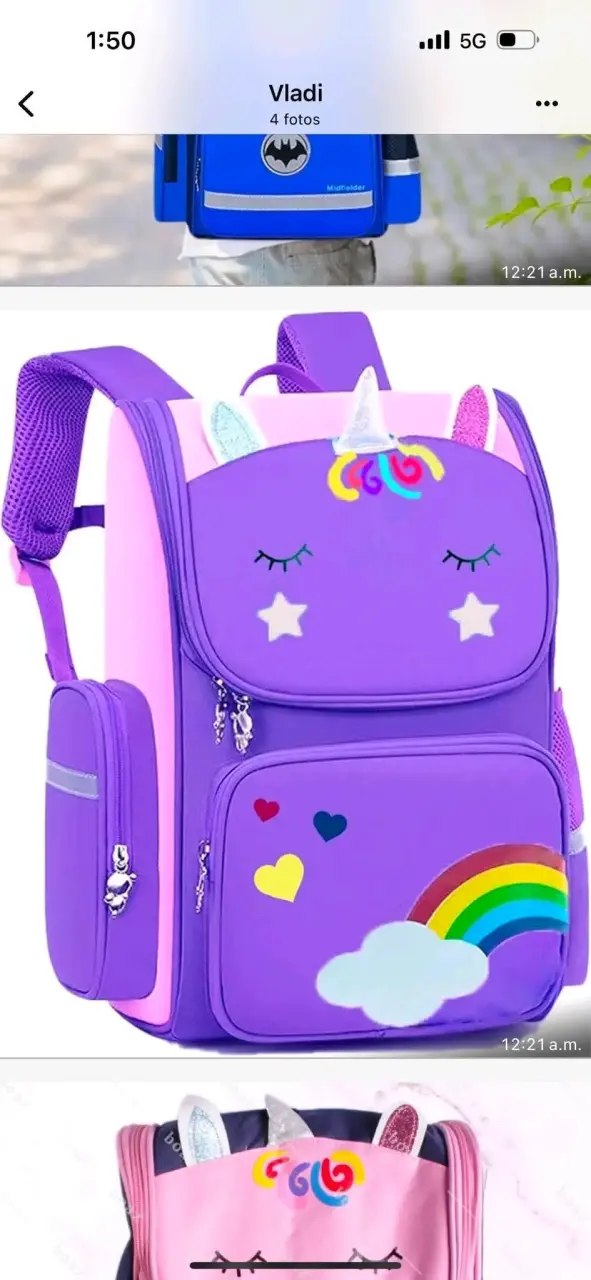 Mochila infantil unicornio morada con arcoíris