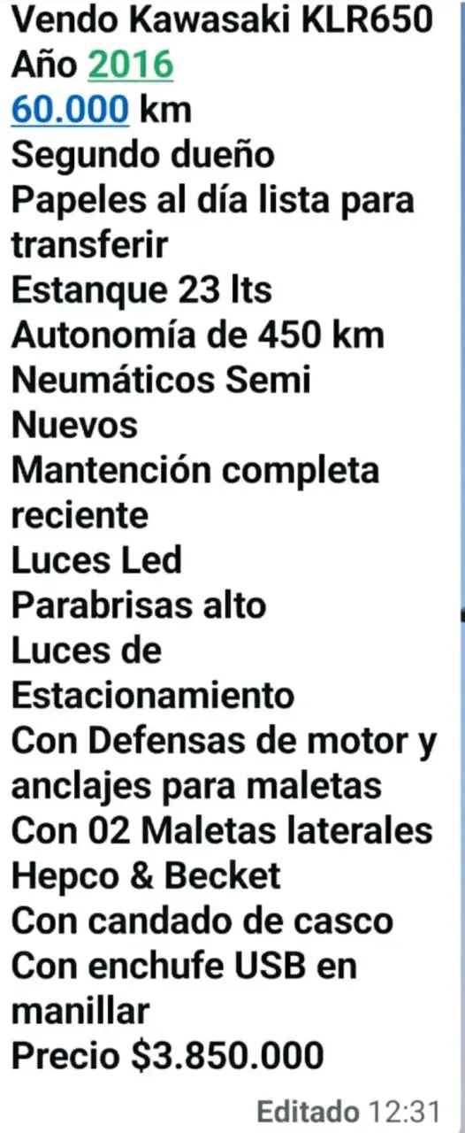 Moto Kawasaki KLR 650 2016 en buen estado - 4