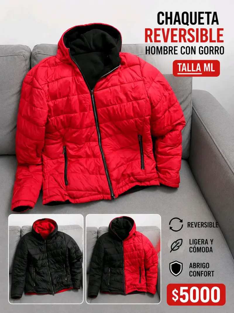 Chaqueta Reversible Hombre Roja y Negra con Gorro