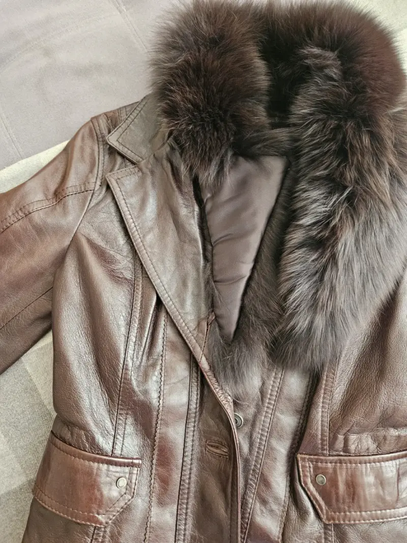 Chaqueta cuero marrón cuello piel desmontable - 3
