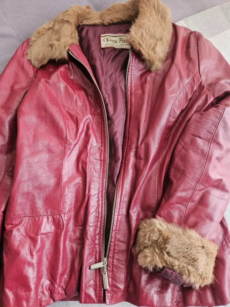 Chaqueta de cuero borgoña cuello de piel Vera Pell - 3