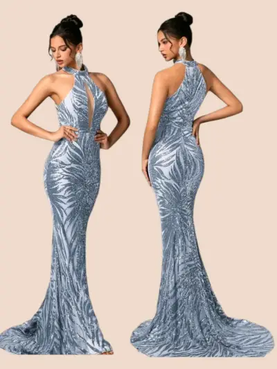 Vestido de fiesta largo celeste con lentejuelas - miniatura 1