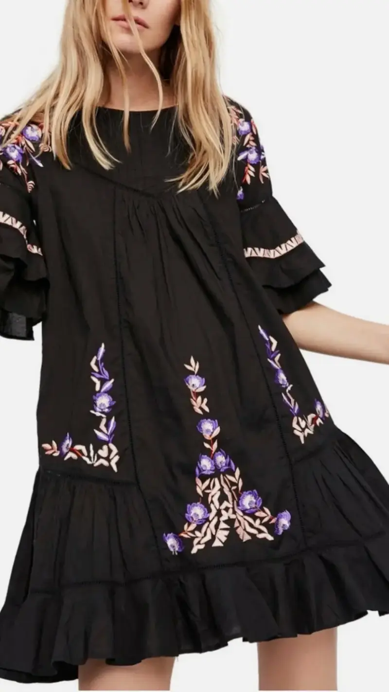 Vestido negro bordado floral bohemio - 5